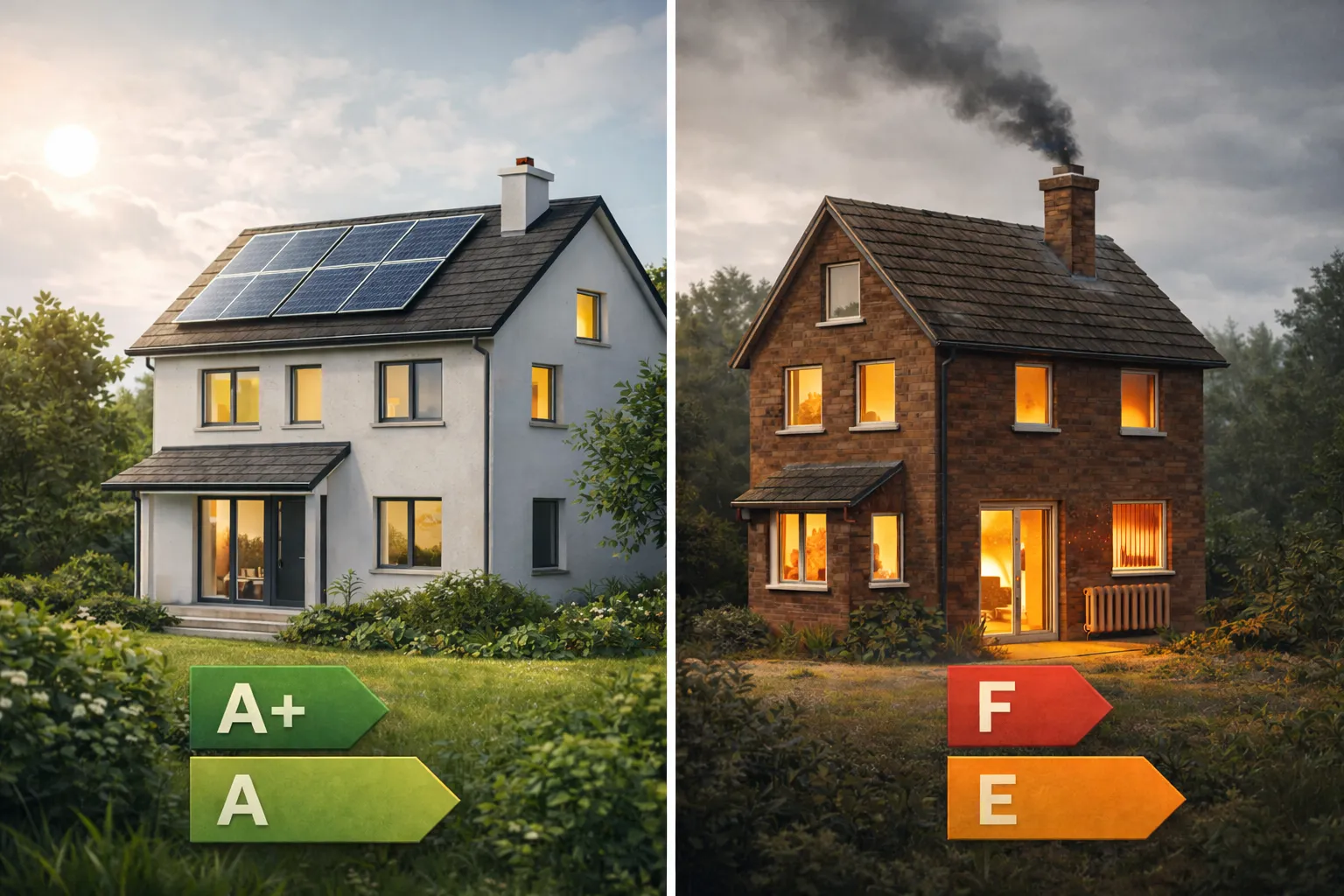 Comparação entre habitação energeticamente eficiente e habitação com elevado consumo energético.