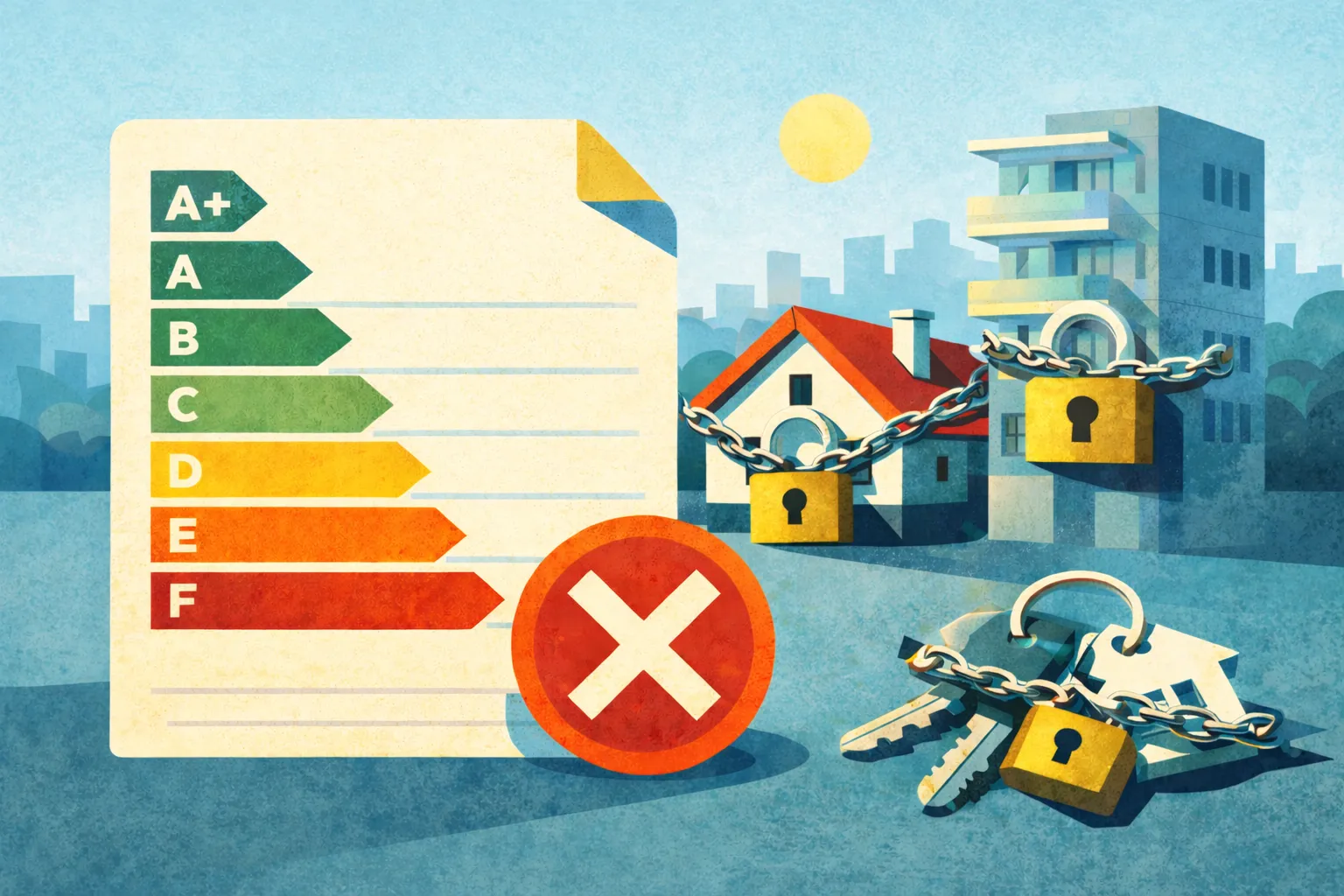 Infografia ilustrando certificado energético expirado a impedir venda ou arrendamento de imóvel.