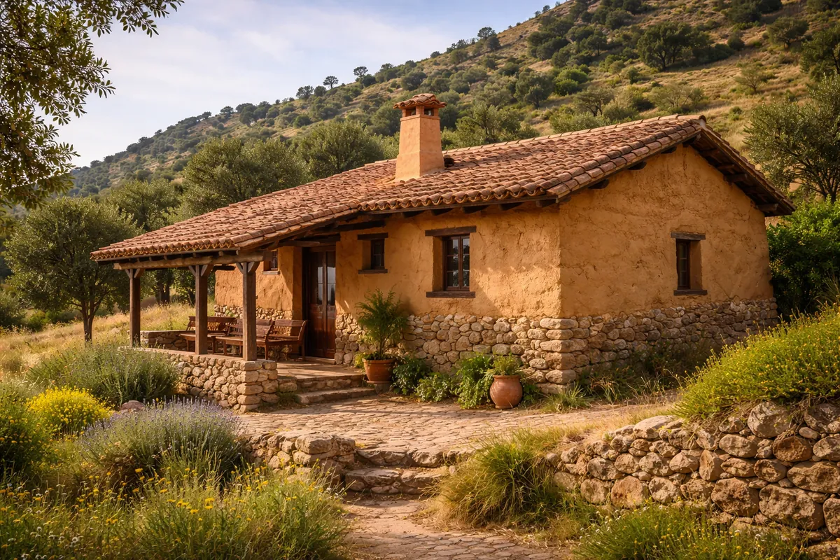 Habitação tradicional da Península Ibérica construída em terra e pedra integrada na paisagem rural.