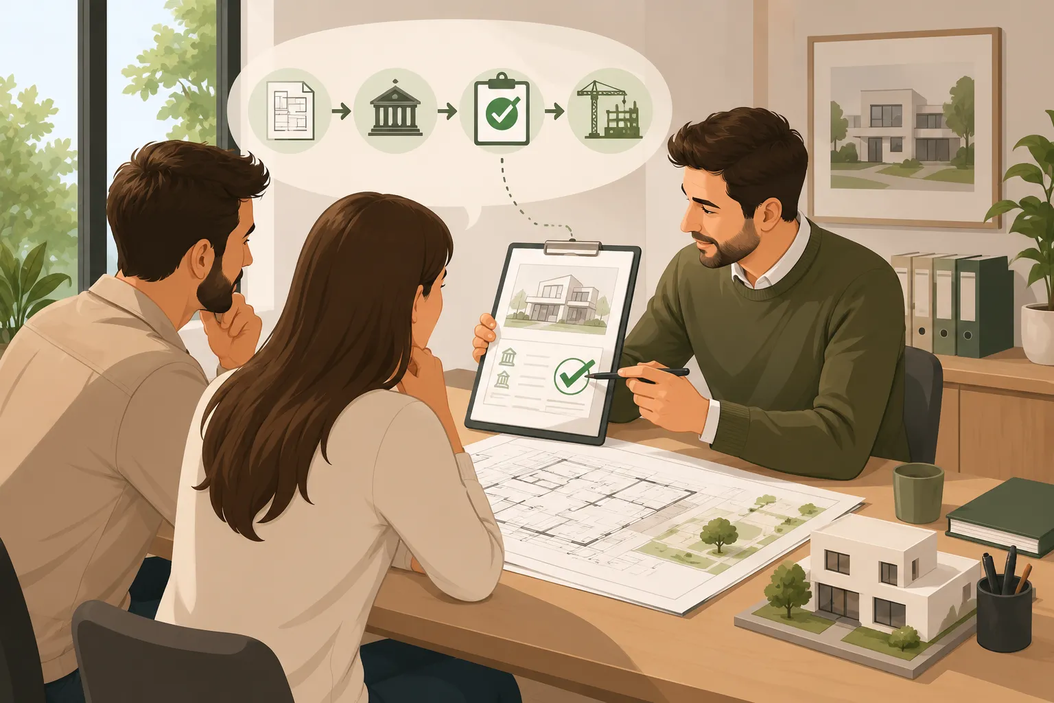 Arquiteto e técnico municipal a analisar plantas de projeto para licenciamento de obra.