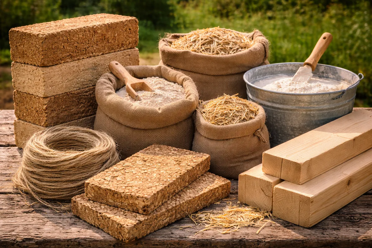 Materiais naturais utilizados em bioconstrução como terra, madeira, cal e fibras vegetais.