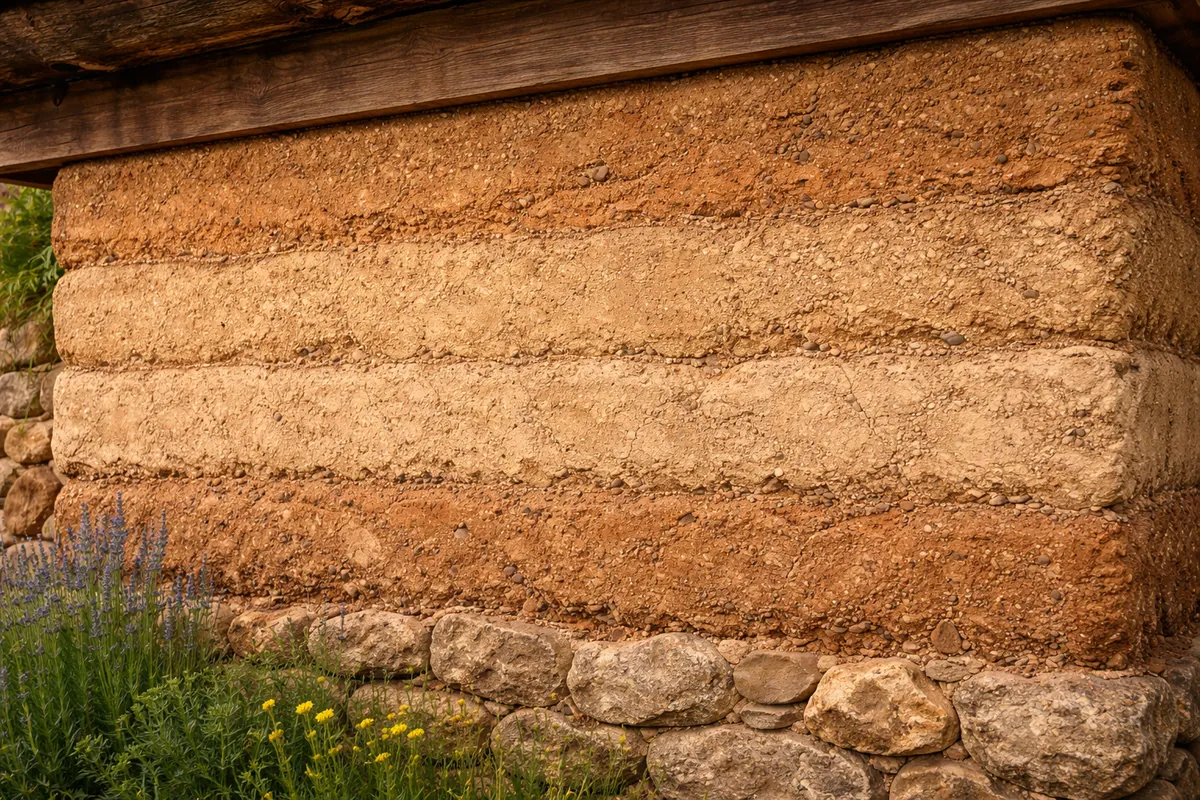 Parede construída em taipa mostrando camadas compactadas de terra natural.