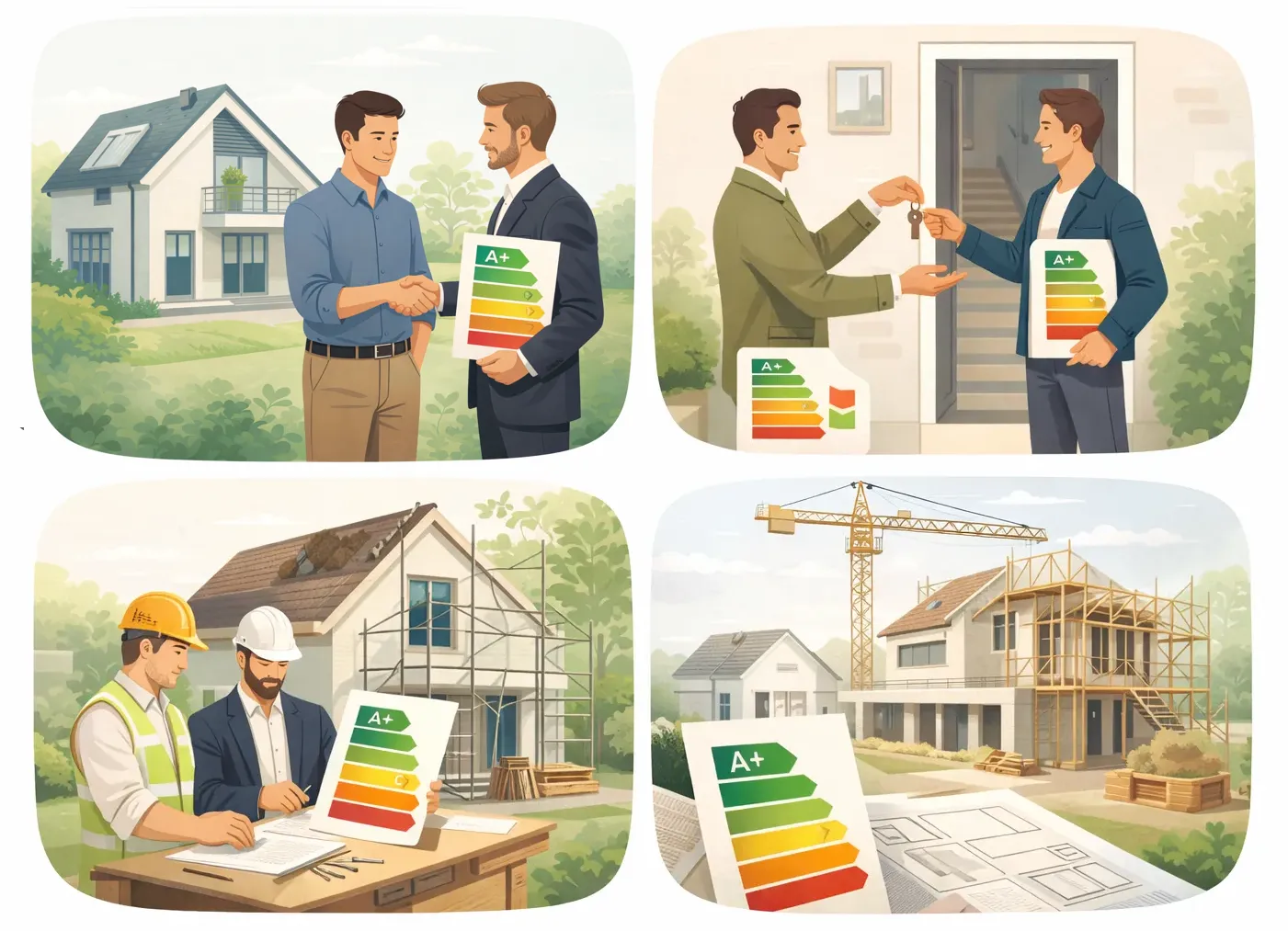 Infográfico com quatro situações que obrigam a ter certificado energético: venda, arrendamento, reabilitação e construção nova.
